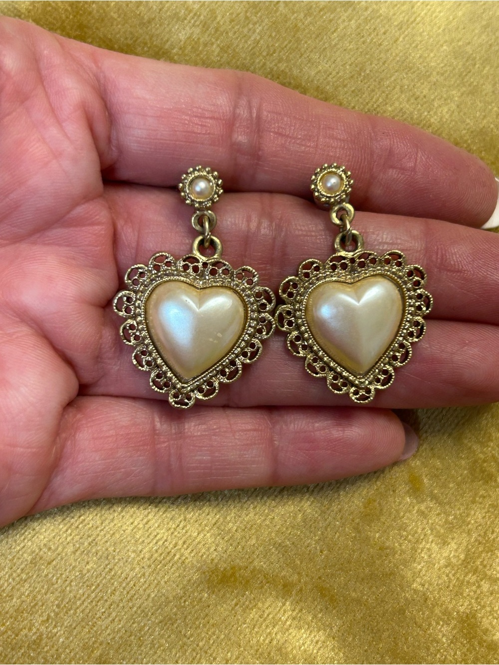 Gold-Tone Heart Drop Earrings with Pearl Center